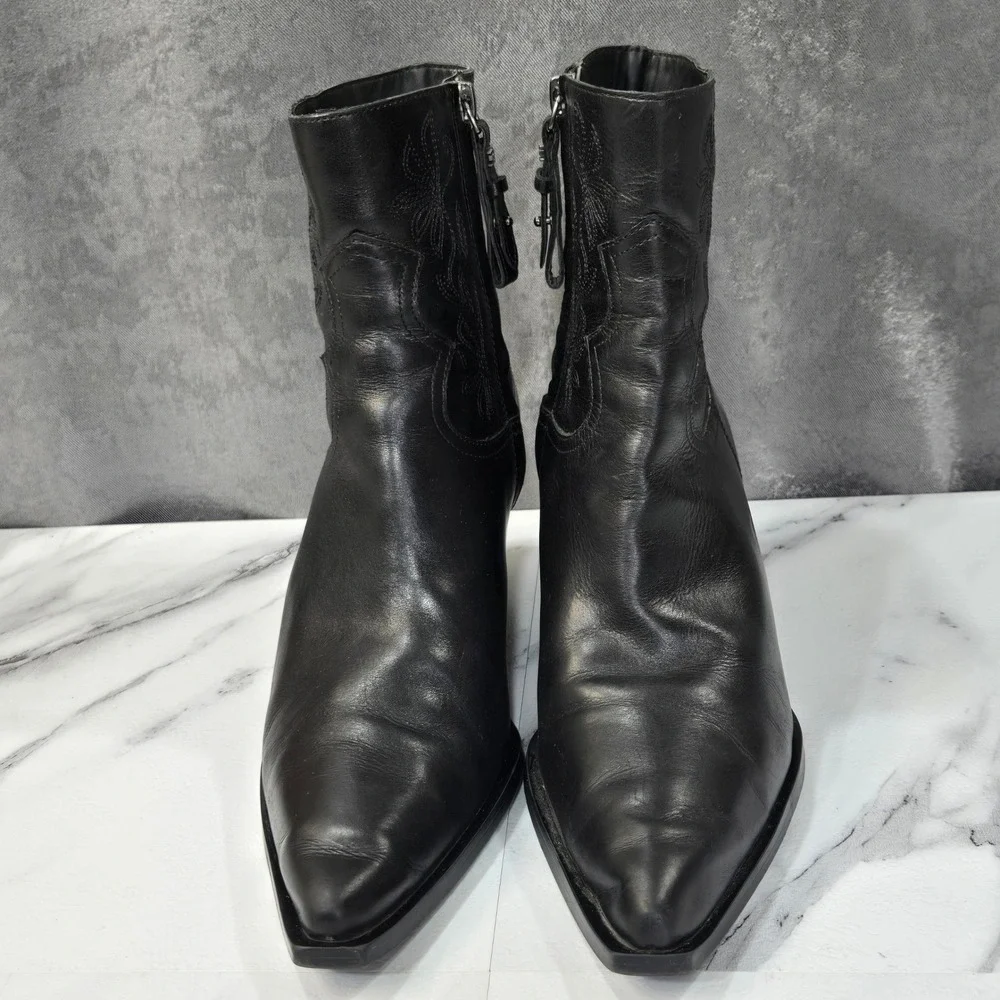 Sam Edelman Wilda Western Boots Womens 9 Black Leather Embroidered Pointed Ankle